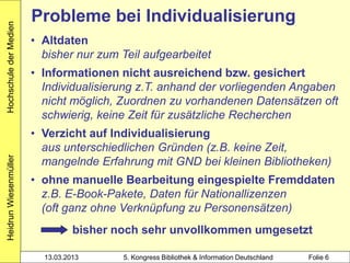 Hochschule der Medien
                        Probleme bei Individualisierung
                        • Altdaten
                          bisher nur zum Teil aufgearbeitet
                        • Informationen nicht ausreichend bzw. gesichert
                          Individualisierung z.T. anhand der vorliegenden Angaben
                          nicht möglich, Zuordnen zu vorhandenen Datensätzen oft
                          schwierig, keine Zeit für zusätzliche Recherchen
                        • Verzicht auf Individualisierung
                          aus unterschiedlichen Gründen (z.B. keine Zeit,
Heidrun Wiesenmüller




                          mangelnde Erfahrung mit GND bei kleinen Bibliotheken)
                        • ohne manuelle Bearbeitung eingespielte Fremddaten
                          z.B. E-Book-Pakete, Daten für Nationallizenzen
                          (oft ganz ohne Verknüpfung zu Personensätzen)
                                  bisher noch sehr unvollkommen umgesetzt

                          13.03.2013      5. Kongress Bibliothek & Information Deutschland   Folie 6
 