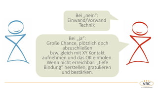 Bei „nein“:
Einwand/Vorwand
Technik
Bei „ja“:
Große Chance, plötzlich doch
abzuschließen
bzw. gleich mit XY Kontakt
aufnehmen und das OK einholen.
Wenn nicht erreichbar: „tiefe
Bindung“ herstellen, gratulieren
und bestärken.
 