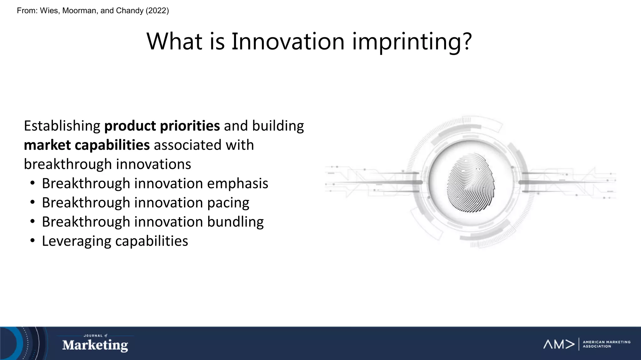 From: Wies, Moorman, and Chandy (2022)
What is Innovation imprinting?
Establishing product priorities and building
market capabilities associated with
breakthrough innovations
• Breakthrough innovation emphasis
• Breakthrough innovation pacing
• Breakthrough innovation bundling
• Leveraging capabilities
 