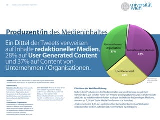 12      Studie „Links auf Twitter“, April 2011




Produzent/in des Medieninhaltes
Ein Dittel der Tweets verweisen                                                                                           Unternehmen /

auf Inhalte redaktioneller Medien,                                                                                         Organisation
                                                                                                                               37%               Redaktionelles Medium

28% auf User Generated Content                                                                                                                           34%


und 37% auf Content von
Unternehmen / Organisationen.                                                                                                         User Generated
                                                                                                                                           28%
                                                                                                                                                                     1% andere bzw.
VARIABLE: Akteur, der oﬀensichtlich für die Erstellung des Medieninhalts                          17,7%                                                              nicht erkennbar
verantwortlich zeichnet bzw. als Produzent/in des Medieninhaltes auftritt                                                       12,9%
                                                                                                                                23,0%                                N=3221

DIMENSIONEN:
Redaktionelles Medium: Professionelle,         User Generated: Akteure, die nicht als Teil
                                                                                             Plattform der Veröﬀentlichung
in kollektiven organisierte Akteure im         eines kollektiv organisierten Akteurs
Rahmen einer Organisation, deren               auftreten und nicht im Namen oder mit         Neben dem Produzenten des Medieninhaltes war von Interesse, in welchem
Hauptzweck in der Verarbeitung und             Bezug zu einem solchen einen
Veröﬀentlichung von Information zur            Medieninhalt bereitstellen; vornehmlich
                                                                                             Rahmen bzw. auf welcher Form von Website dieser publiziert wurde. So führen nicht
Bereitstellung für die Öﬀentlichkeit           handelt es sich hierbei um einfache „User“    alle Links zu redaktionellen Inhalten auch auf die Website des jeweiligen Mediums,
besteht.                                       im Sinne von „User Generated Content“.        sondern zu 7,2% auf Social Media Plattformen (v.a. Youtube).
Unternehmen / Organisation:
Professionelle, in kollektiven organisierte                                                  Andererseits sind 3,4% des verlinkten User Generated Content auf Webseiten
Akteure im Rahmen einer Organisation,                                                        redaktioneller Medien zu nden (z.B. Kommentare zu Beiträgen).
deren Hauptzweck anders gelagert ist als
bei redaktionellen Medien: Unternehmen,
staatliche und nicht-staatliche
Institutionen (NPOs), Vereine, NGOs, etc.
 