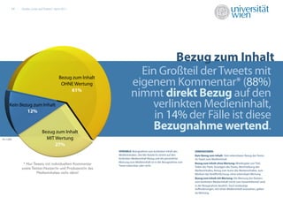 17   Studie „Links auf Twitter“, April 2011




                                                                               Bezug zum Inhalt
                                         Bezug zum Inhalt
                                                                       Ein Großteil der Tweets mit
                                          OHNE Wertung               eigenem Kommentar* (88%)
                                              61%
                                                                     nimmt direkt Bezug auf den
    Kein Bezug zum Inhalt
            12%
                                                                         verlinkten Medieninhalt,
                                                                          in 14% der Fälle ist diese
                           Bezug zum Inhalt
                                                                          Bezugnahme wertend.
N=1284                       MIT Wertung
                                 27%
                                                            VARIABLE: Bezugnahme zum konkreten Inhalt des        DIMENSIONEN:
                                                            Medieninhaltes. Der/die Nutzer/in nimmt auf den      Kein Bezug zum Inhalt: Kein erkennbarer Bezug des Textes
                                                            konkreten Medieninhalt Bezug und die persönliche     im Tweet zum Medieninhalt
                                                            Meinung zum Medieninhalt ist in der Bezugnahme zum
           * Nur Tweets mit individuellem Kommentar         Tweet erkennbar oder nicht.
                                                                                                                 Bezug zum Inhalt ohne Wertung: Wiedergabe von Titel,
                                                                                                                 Teilen des Titels, Auszügen des Textes, Beschreibung des
          sowie Twitter-Nutzer/in und Produzent/in des                                                           Medieninhaltes, Bezug zum Autor des Medieninhaltes, zum
                   Medieninhaltes nicht ident!                                                                   Medium der Veröﬀentlichung; ohne erkennbare Wertung
                                                                                                                 Bezug zum Inhalt mit Wertung: Die Meinung des Nutzers
                                                                                                                 zum konkreten Medieninhalt (nicht zum Gesamtthema!) wird
                                                                                                                 in der Bezugnahme deutlich. Auch eindeutige
                                                                                                                 Auﬀorderungen, sich einen Medieninhalt anzusehen, gelten
                                                                                                                 als Wertung.
 