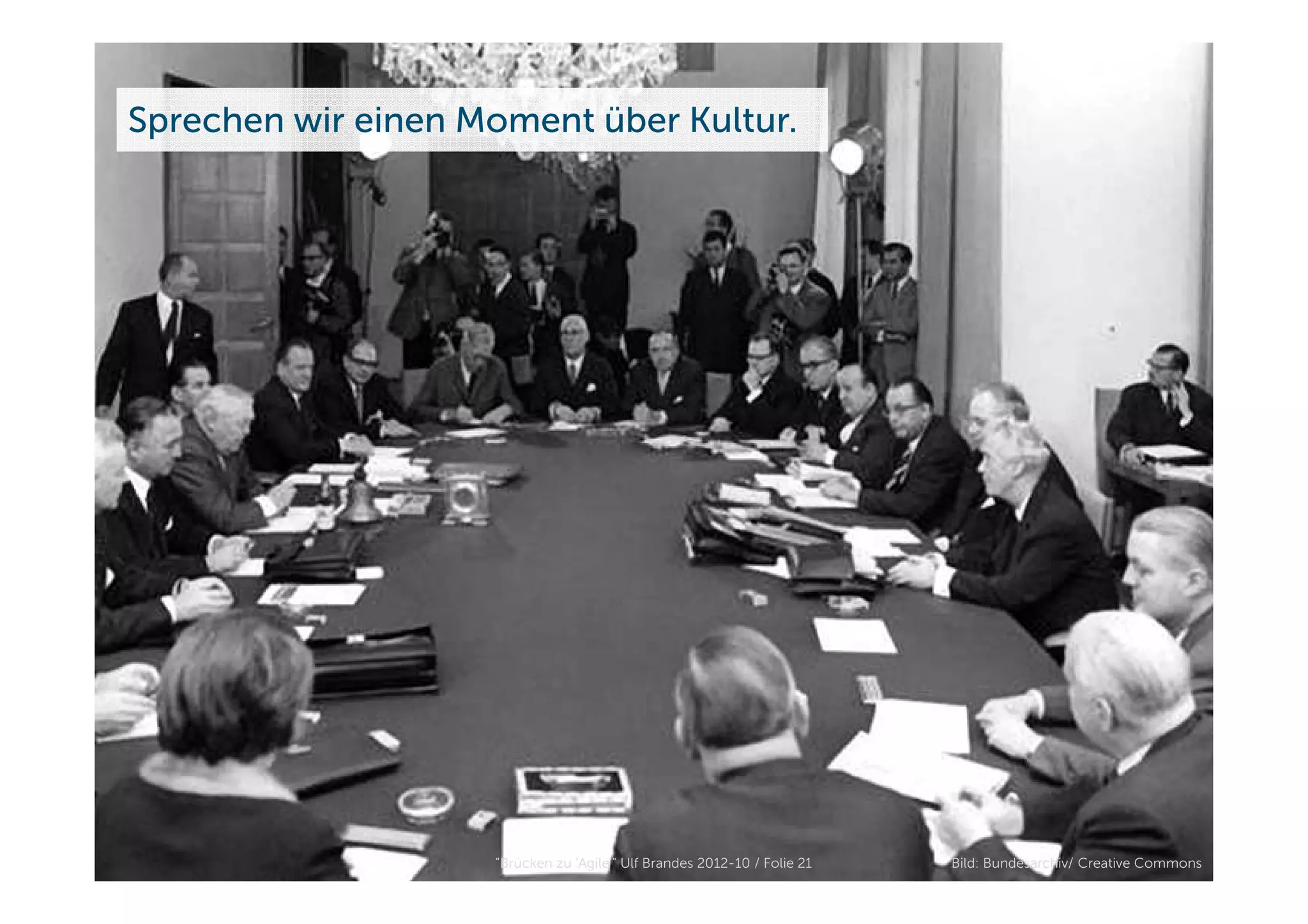 Sprechen wir einen Moment über Kultur.




BRANDES & PARTNERS
Wir unterstützen veränderungsbereite Entscheider.   "Brücken zu 'Agile'" Ulf Brandes 2012-10 / Folie 21   Bild: Bundesarchiv/ Creative Commons
 