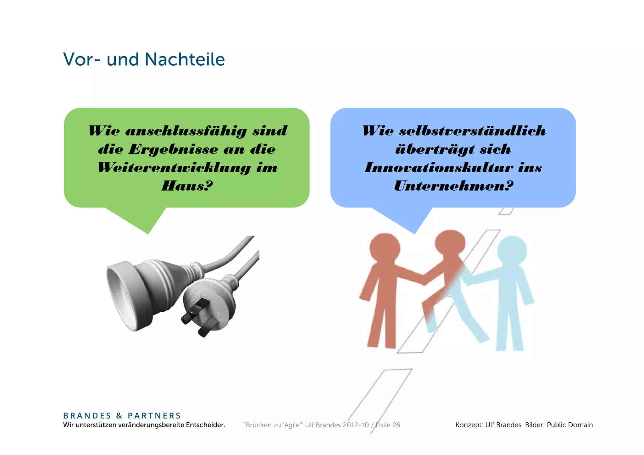 Vor- und Nachteile


       Wie anschlussfähig sind                                                           Wie selbstverständlich
        die Ergebnisse an die                                                               überträgt sich
       Weiterentwicklung im                                                              Innovationskultur ins
               Haus?                                                                        Unternehmen?




BRANDES & PARTNERS
Wir unterstützen veränderungsbereite Entscheider.   "Brücken zu 'Agile'" Ulf Brandes 2012-10 / Folie 26   Konzept: Ulf Brandes Bilder: Public Domain
 