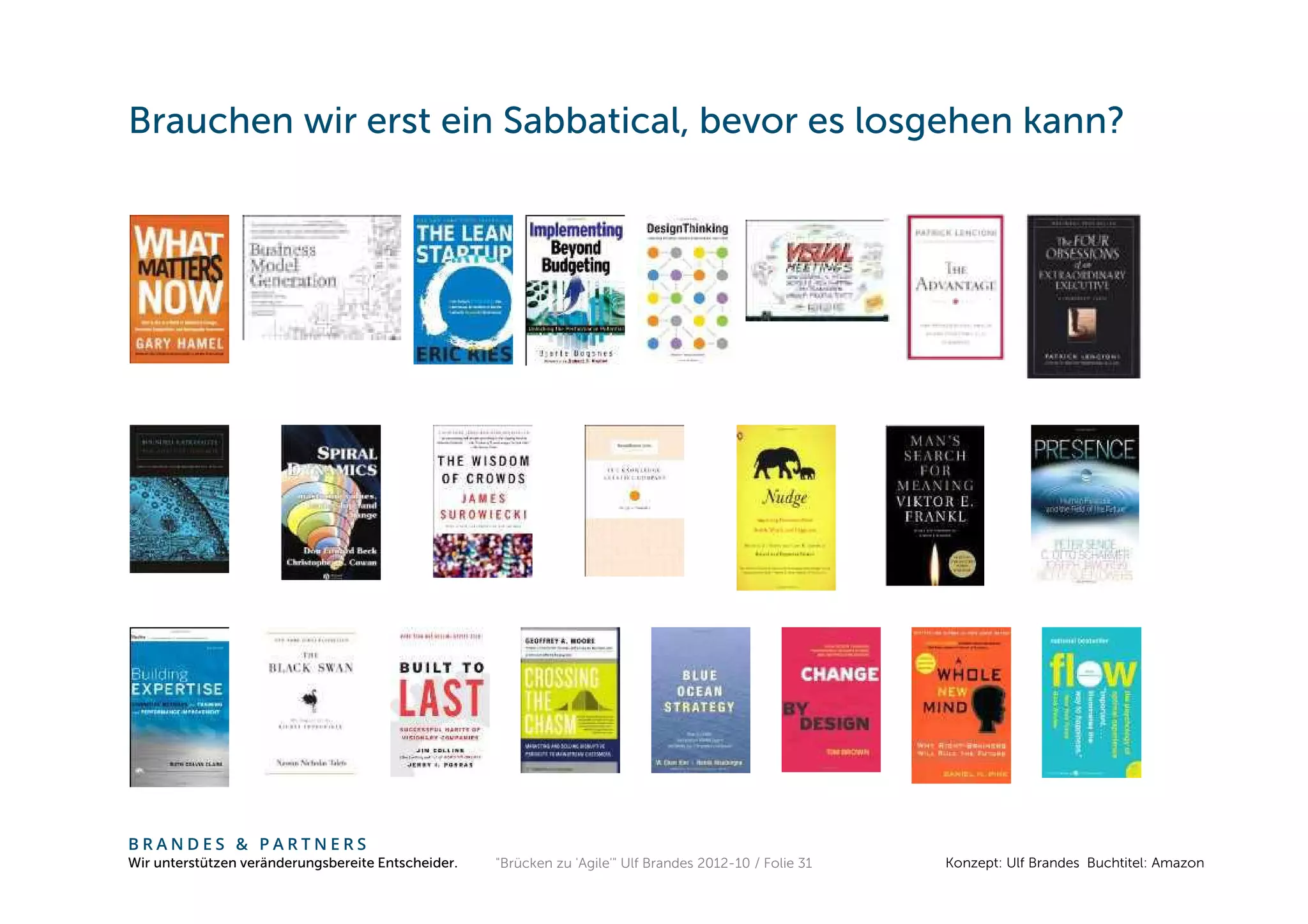 Brauchen wir erst ein Sabbatical, bevor es losgehen kann?




BRANDES & PARTNERS
Wir unterstützen veränderungsbereite Entscheider.   "Brücken zu 'Agile'" Ulf Brandes 2012-10 / Folie 31   Konzept: Ulf Brandes Buchtitel: Amazon
 