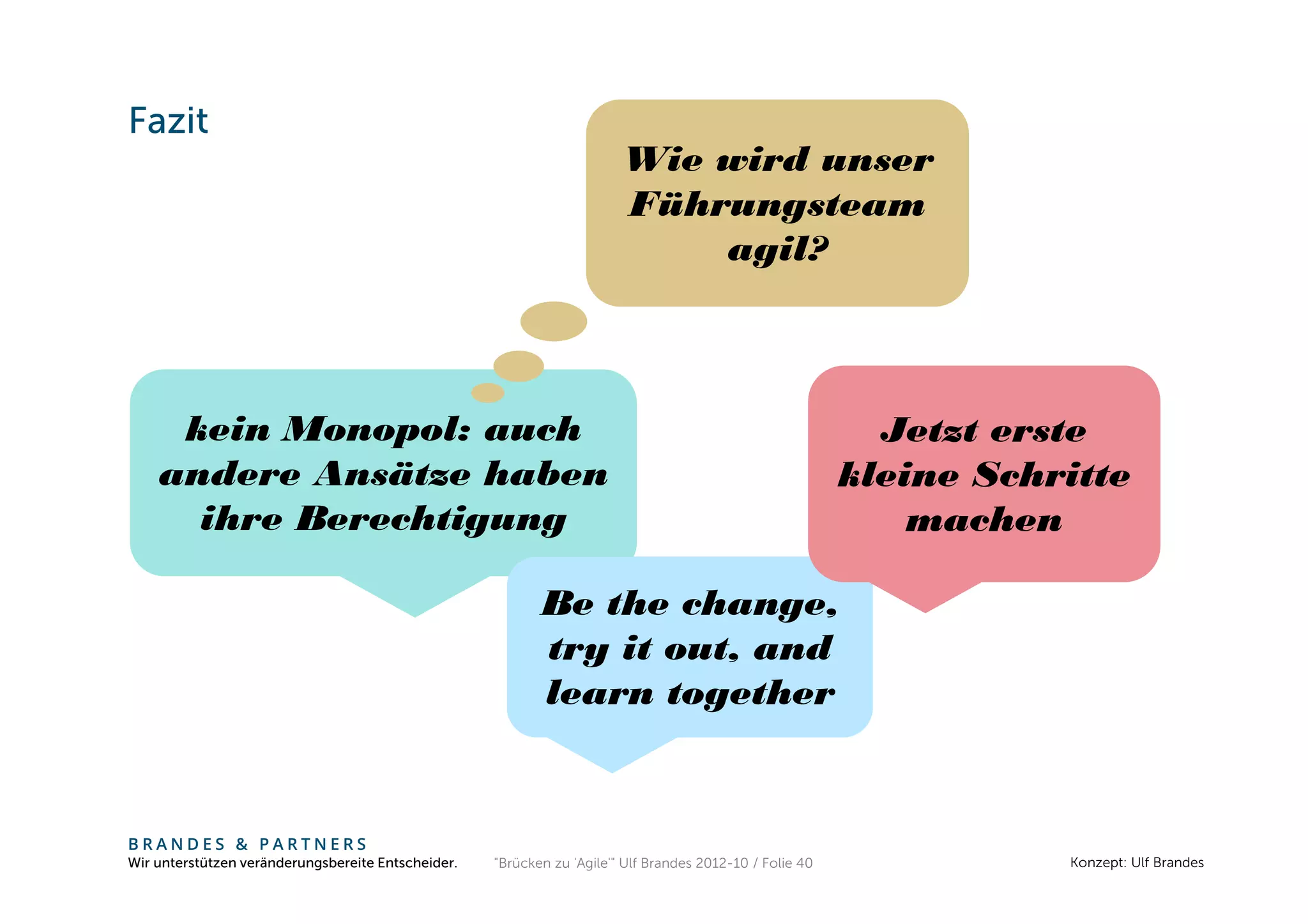 Fazit
                                                                        Wie wird unser
                                                                        Führungsteam
                                                                            agil?



     kein Monopol: auch                                                                                     Jetzt erste
    andere Ansätze haben                                                                                  kleine Schritte
      ihre Berechtigung                                                                                       machen

                                                           Be the change,
                                                           try it out, and
                                                           learn together


BRANDES & PARTNERS
Wir unterstützen veränderungsbereite Entscheider.   "Brücken zu 'Agile'" Ulf Brandes 2012-10 / Folie 40              Konzept: Ulf Brandes
 