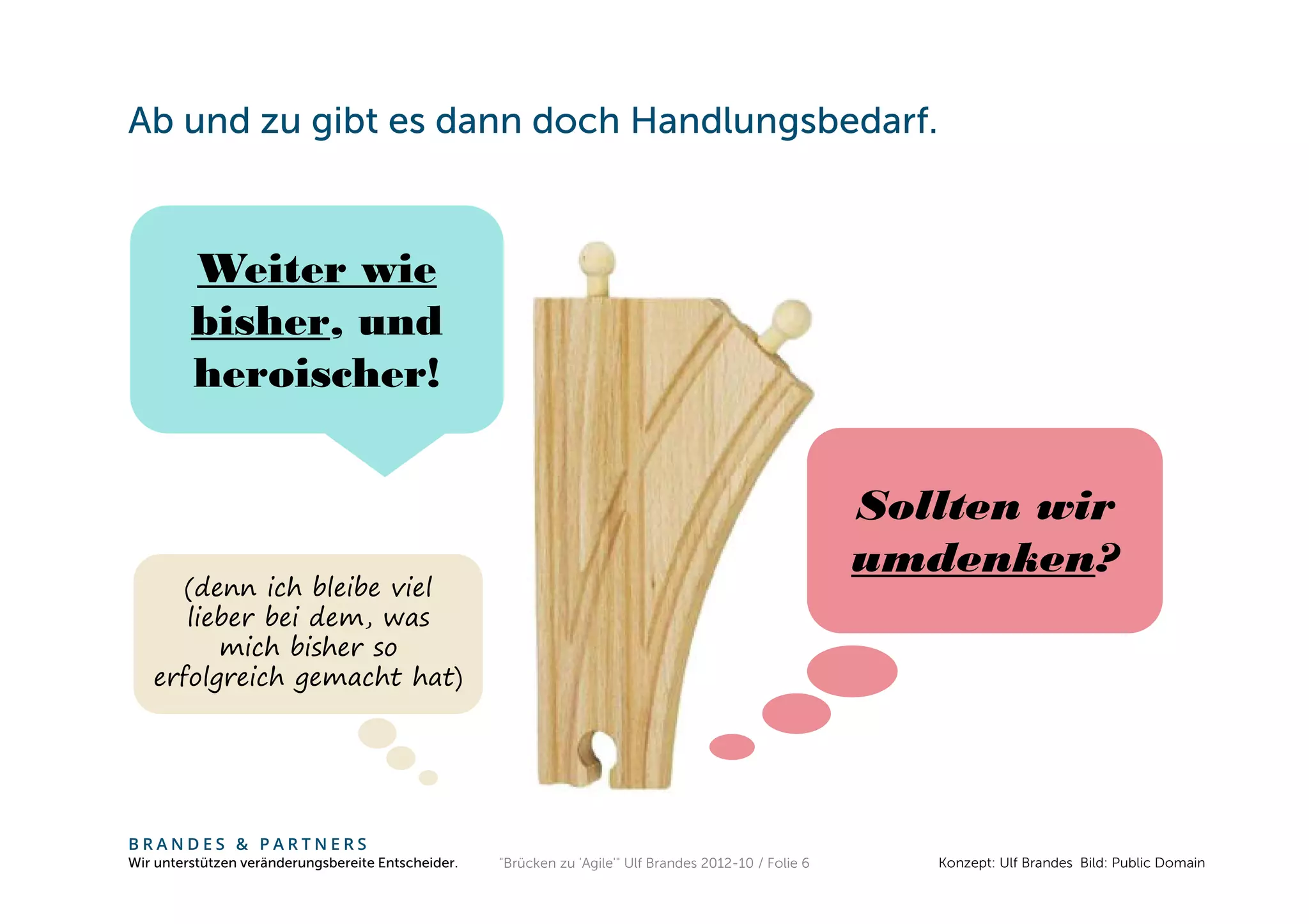 Ab und zu gibt es dann doch Handlungsbedarf.



         Weiter wie
         bisher, und
         heroischer!


                                                                                                         Sollten wir
                                                                                                         umdenken?
      (denn ich bleibe viel
      lieber bei dem, was
         mich bisher so
   erfolgreich gemacht hat)




BRANDES & PARTNERS
Wir unterstützen veränderungsbereite Entscheider.   "Brücken zu 'Agile'" Ulf Brandes 2012-10 / Folie 6      Konzept: Ulf Brandes Bild: Public Domain
 