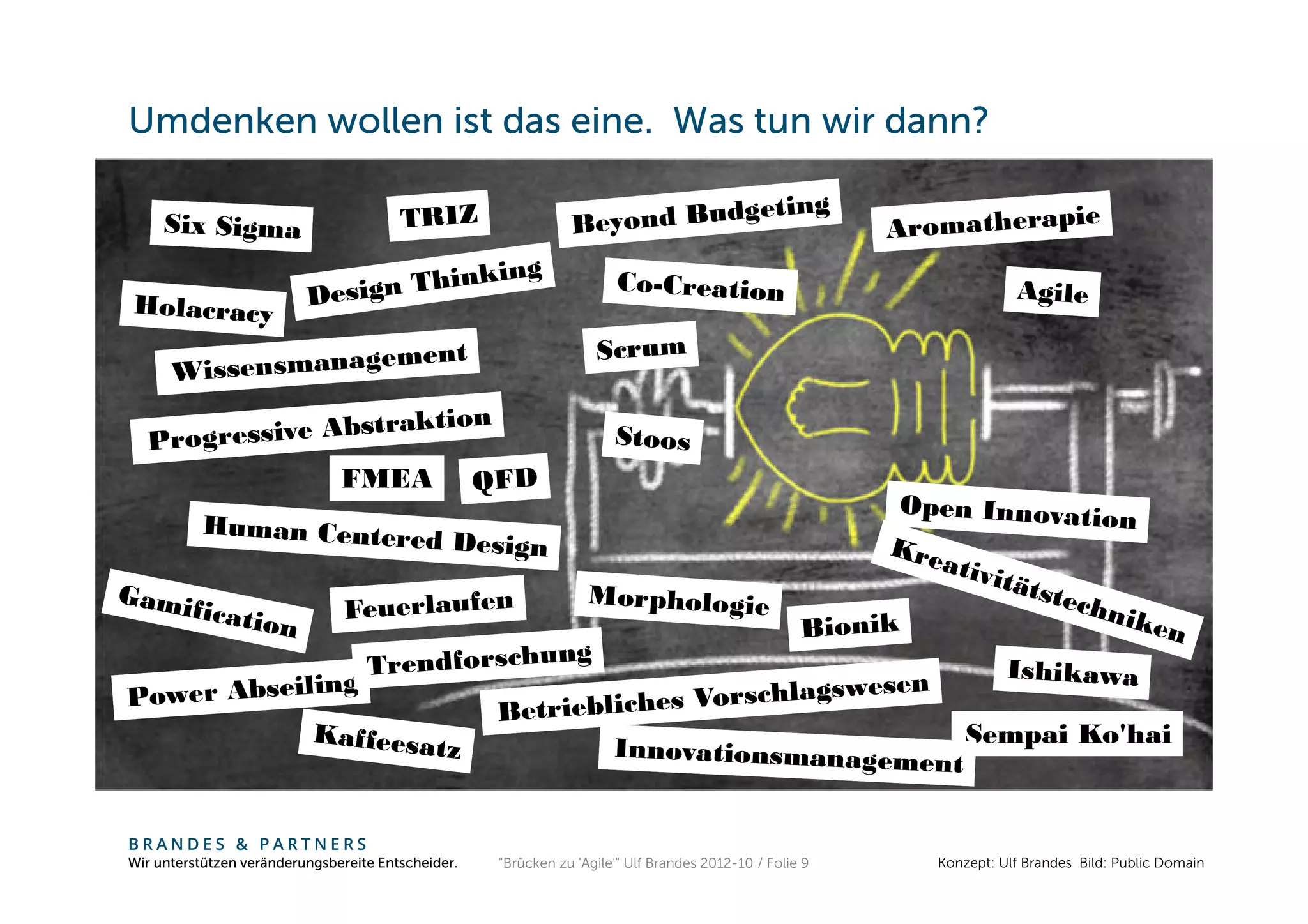 Umdenken wollen ist das eine. Was tun wir dann?




                               FMEA




                                                                                                             Sempai Ko'hai


BRANDES & PARTNERS
Wir unterstützen veränderungsbereite Entscheider.   "Brücken zu 'Agile'" Ulf Brandes 2012-10 / Folie 9   Konzept: Ulf Brandes Bild: Public Domain
 