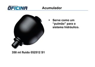 Acumulador
350 ml fluído 052512 S1
Serve como um
“pulmão” para o
sistema hidráulico.
 