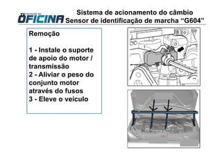 Sistema de acionamento do câmbio
Sensor de identificação de marcha “G604”
Remoção
1 - Instale o suporte
de apoio do motor /
transmissão
2 - Aliviar o peso do
conjunto motor
através do fusos
3 - Eleve o veículo
 