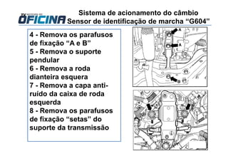 Sistema de acionamento do câmbio
Sensor de identificação de marcha “G604”
4 - Remova os parafusos
de fixação “A e B”
5 - Remova o suporte
pendular
6 - Remova a roda
dianteira esquera
7 - Remova a capa anti-
ruído da caixa de roda
esquerda
8 - Remova os parafusos
de fixação “setas” do
suporte da transmissão
 