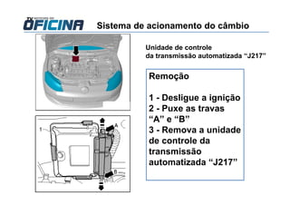 Remoção
1 - Desligue a ignição
2 - Puxe as travas
“A” e “B”
3 - Remova a unidade
de controle da
transmissão
automatizada “J217”
Sistema de acionamento do câmbio
Unidade de controle
da transmissão automatizada “J217”
 