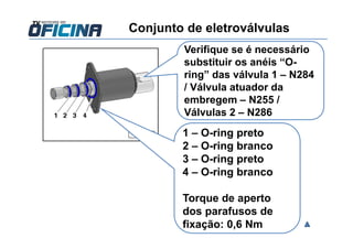 Verifique se é necessário
substituir os anéis “O-
ring” das válvula 1 – N284
/ Válvula atuador da
embregem – N255 /
Válvulas 2 – N286
1 – O-ring preto
2 – O-ring branco
3 – O-ring preto
4 – O-ring branco
Torque de aperto
dos parafusos de
fixação: 0,6 Nm
Conjunto de eletroválvulas
 