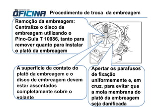 Remoção da embreagem:
Centralize o disco de
embreagem utilizando o
Pino-Guia T 10086, tanto para
remover quanto para instalar
o platô da embreagem
A superfície de contato do
platô da embreagem e o
disco de embreagem devem
estar assentados
completamente sobre o
volante
Apertar os parafusos
de fixação
uniformemente e, em
cruz, para evitar que
a mola membrana do
platô da embreagem
seja danificada
Procedimento de troca da embreagem
 