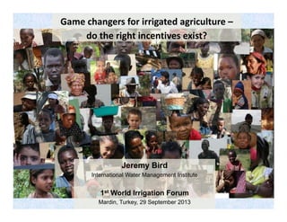 Game changers for irrigated agriculture –
do the right incentives exist?

Jeremy Bird
International Water Management Institute

1st World Irrigation Forum
Mardin, Turkey, 29 September 2013

 