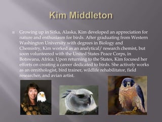    Growing up in Sitka, Alaska, Kim developed an appreciation for
    nature and enthusiasm for birds. After graduating from Western
    Washington University with degrees in Biology and
    Chemistry, Kim worked as an analytical/ research chemist, but
    soon volunteered with the United States Peace Corps, in
    Botswana, Africa. Upon returning to the States, Kim focused her
    efforts on creating a career dedicated to birds. She actively works
    as an ornithologist, bird trainer, wildlife rehabilitator, field
    researcher, and avian artist.
 
