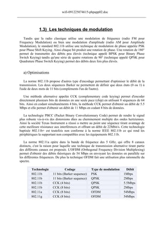 wifi-091225074615-phpapp02.doc
______________________________________________________________________________



                1.3) Les techniques de modulation
    Tandis que la radio classique utilise une modulation de fréquence (radio FM pour
 Frequency Modulation) ou bien une modulation d'amplitude (radio AM pour Amplitude
 Modulation), le standard 802.11b utilise une technique de modulation de phase appelée PSK
 pour Phase Shift Keying. Ainsi chaque bit produit une rotation de phase. Une rotation de 180°
 permet de transmettre des débits peu élevés (technique appelé BPSK pour Binary Phase
 Switch Keying) tandis qu'une série de quatre rotations de 90° (technique appelé QPSK pour
 Quadrature Phase Switch Keying) permet des débits deux fois plus élevés.


    a) Optimisations

     La norme 802.11b propose d'autres type d'encodage permettant d'optimiser le débit de la
 transmission. Les deux séquences Barker ne permettent de définir que deux états (0 ou 1) à
 l'aide de deux mots de 11 bits (compléments l'un de l'autre).

    Une méthode alternative appelée CCK (complementary code keying) permet d'encoder
 directement plusieurs bits de données en une seule puce (chip) en utilisant 8 séquences de 64
 bits. Ainsi en codant simultanéments 4 bits, la méthode CCK permet d'obtenir un débit de 5.5
 Mbps et elle permet d'obtenir un débit de 11 Mbps en codant 8 bits de données.

    La technologie PBCC (Packet Binary Convolutionnary Code) permet de rendre le signal
 plus robuste vis-à-vis des distorsions dûes au cheminement multiple des ondes hertziennes.
 Ainsi la société Texas Instrument a réussi a mettre au point une séquence tirant avantage de
 cette meilleure résistance aux interférences et offrant un débit de 22Mbit/s. Cette technologie
 baptisée 802.11b+ est toutefois non conforme à la norme IEEE 802.11b ce qui rend les
 périphériques la supportant non compatibles avec les équipements 802.11b.

    La norme 802.11a opère dans la bande de fréquence des 5 GHz, qui offre 8 canaux
 distincts, c'est la raison pour laquelle une technique de transmission alternative tirant partie
 des différents canaux est proposée. L'OFDM (Orthogonal Frequency Division Multiplexing)
 permet d'obtenir des débits théoriques de 54 Mbps en envoyant les données en parallèle sur
 les différentes fréquences. De plus la technique OFDM fait une utilisation plus rationnelle du
 spectre.

          Technologie              Codage              Type de modulation         Débit
          802.11b         11 bits (Barker sequence)    PSK                      1Mbps
          802.11b         11 bits (Barker sequence)    QPSK                     2Mbps
          802.11b         CCK (4 bits)                 QPSK                     5.5Mbps
          802.11b         CCK (8 bits)                 QPSK                     2Mbps
          802.11a         CCK (8 bits)                 OFDM                     54Mbps
          802.11g         CCK (8 bits)                 OFDM                     54Mbps
 