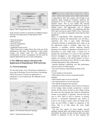 Figure 3.WiFi long-distance link: an illustration
In the sections to follow we describe five different aspects
relevant to the deployment of long-distance WiFi
networks:
• Network planning
• MAC protocols
• Network management
• Power saving
• Applications and services
These issues have a unique flavor due to the use of the
technology in rural areas. The uniqueness is due to three
reasons: the primal need for cost optimization,
considerations of power consumption, and the need for
targeted applications for use in rural communities.
2. Five different aspects relevant to the
deployment of long-distance WiFi networks
2.1. Network planning
For any rural system, cost is the primary consideration in
every step of the design. Next to the choice of technology
(WiFi), the context in which cost optimization is
significant is in networkplanning. We elaborate on this
issue below.
Figure 4. The Ashwini Network Topology
Table 1. Typical antenna/mast costs
A long-distance WiFi link requires line-of-sight to get
sufficient signal strength for reception; otherwise, the
attenuation at 2.4 or 5 GHz is too high beyond a few
hundred meters. This in turn implies that network
deployment involves significant infrastructure in terms of
antenna towers. The approximate cost of antenna
towers/masts is given in Table 1. In comparison, note that
WiFi radio cost can be about US$50 or less. Tall towers
are one or two orders of magnitude costlier than the radio
equipment!
Hence in long-distance WiFi deployments, network
planning to optimize the infrastructure cost will play a
significant role. This is quite unlike WiFi-based
community networks in metropolitan areas, where an ad
hoc deployment model is workable. Apart from cost
reduction, a secondary concern requiring network
planning in our setting is to guarantee a minimum level of
performance to each village node. A simple way to
quantify this performance is in terms of the achievable
network throughput to each villagewhile operating at
capacity. For instance, in the Ashwini project, we have a
requirement of providing at least 384 kb/s to each village
to enable high-quality video-conferencing.
Network planning considering cost and performance
involves at least six related aspects:
• The tower locations, representing the nodes of the
network
• Tower heights at each location
• What links to form, to have a connected network
topology
• What antenna types to use for each link
• The transmit powers to use for each radio
• The channel of operation for each link
Typically, the broad locations of the towers are chosen to
be the villages where network connectivity is desired.
Further, the finer choice of where in each village to locate
the towers are also typically done based on nontechnical
reasons of convenience of operation. This has been the
case in ATN, DGP as well as Ashwini. In general,
however, a commercial deployment may choose its
towers to be located at places where the height above
mean sea level (MSL) is higher in comparison to the
others. This is to help reduce the tower height
requirement.
The next four aspects of tower heights, network
topology, antenna types, and transmit powers are closely
interrelated; the choice of each of these affects the other
directly or indirectly. In [4] we have explored this
 