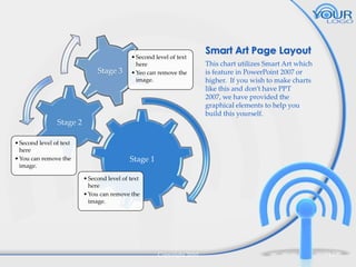 Stage 3

• Second level of text
here
• Yeo can remove the
image.

Smart Art Page Layout
This chart utilizes Smart Art which
is feature in PowerPoint 2007 or
higher. If you wish to make charts
like this and don’t have PPT
2007, we have provided the
graphical elements to help you
build this yourself.

Stage 2
• Second level of text
here
• You can remove the
image.

Stage 1
• Second level of text
here
• You can remove the
image.

Copyright 2010

11

 