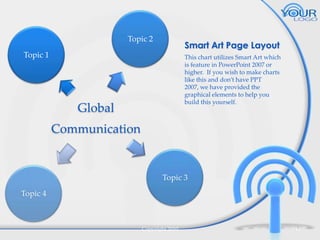 Topic 2

Smart Art Page Layout

Topic 1

This chart utilizes Smart Art which
is feature in PowerPoint 2007 or
higher. If you wish to make charts
like this and don’t have PPT
2007, we have provided the
graphical elements to help you
build this yourself.

Global
Communication

Topic 3
Topic 4

Copyright 2010

12

 