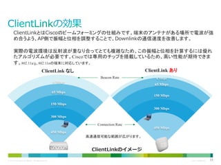 ClientLinkとはCiscoのビームフォーミングの仕組みです。端末のアンテナがある場所で電波が強
め合うよう、AP側で振幅と位相を調整することで、Downlinkの通信速度を改善します。
実際の電波環境は反射波が重なり合ってとても複雑なため、この振幅と位相を計算するには優れ
たアルゴリズムが必要です。Ciscoでは専用のチップを搭載しているため、高い性能が期待できま
す。802.11a/g、802.11nの端末に対応しています。
ClientLink あり

ClientLink なし
Beacon Rate
6 Mbps

6 Mbps

65 Mbps

65 Mbps
150 Mbps

150 Mbps
300 Mbps
300 Mbps
Connection Rate
450 Mbps
450 Mbps
高速通信可能な範囲が広がります。

ClientLinkのイメージ
© 2013 Cisco and/or its affiliates. All rights reserved.

Cisco Confidential

33

 