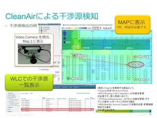 • 干渉源検出の例

MAPに表示

*PI、MSEが必要です。

Video Camera を検出、
Map上に表示

WLCでの干渉源
一覧表示

© 2013 Cisco and/or its affiliates. All rights reserved.

(補足) CleanAirを実現する製品として、
・CleanAir対応AP(Access Point)
・WLC(Wireless LAN Controller): APの統合管理
が必須です。更に用途に応じて、
・ PI（Prime Infrastruncure) : AP/WLCの統合管理・グラ
フィック表示・レポーティングを行う場合
・MSE(Mobility Services Engine):干渉源の位置・影響範囲
特定する場合
が必要になります。
Cisco Confidential

39

 