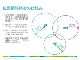 • APと対象デバイスの距離が

わかると、三角測量方式によ
りそのデバイス の位置を特
定可能

• 特定のレシーバやクロック、

タイムリースを必要としない

この距離の
中のどこか

• 802.11 Wi-Fi アクセスポイ

ントと WLAN クライアント
のみで容易に導入可能

• 長距離での RSSI 差異の判別

は難しいためアウトドアでの
使用には向かない

© 2013 Cisco and/or its affiliates. All rights reserved.

Cisco Confidential

43

 