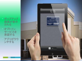 • ポップアップ
画面が表示
される

• オプトイン
サービスを
承認する
• アプリがラウ
ンチする

© 2013 Cisco and/or its affiliates. All rights reserved.

Cisco Confidential

76

 