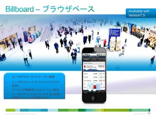 Available with
Version7.5

•

ユーザがWiFi ネットワークに接続

•

ユーザがスマートデバイスでブラウザ
を開く
アイコンが継続的にスクリーンに表示
ユーザがアイコンをクリックすると利用
可能なサービスが提供される

•
•

© 2013 Cisco and/or its affiliates. All rights reserved.

Cisco Confidential

81

 