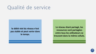 Qualité de service
Le réseau étant partagé, les
ressources sont partagées
entre tous les utilisateurs se
trouvant dans la même cellule.
le débit réel du réseau n’est
pas stable et peut varier dans
le temps.
28
 