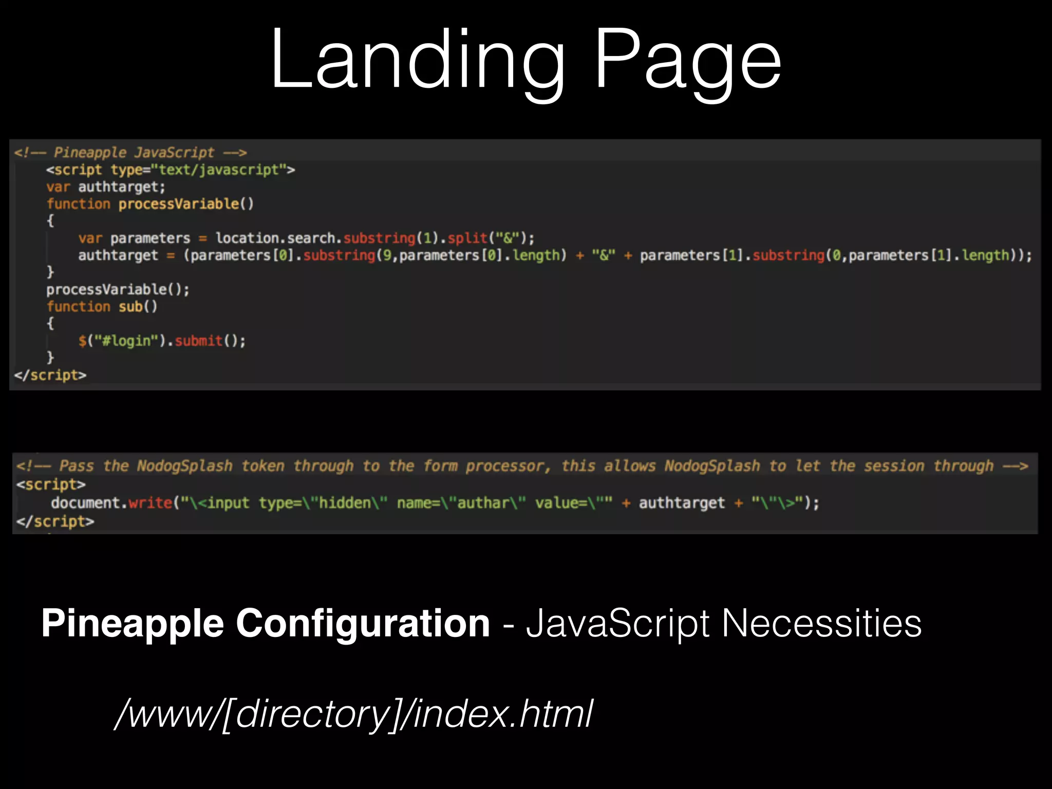 Landing Page
Pineapple Configuration - JavaScript Necessities
/www/[directory]/index.html
 