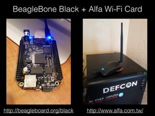 Combine Pineapple portability
with the versatility of Kali Linux
• http://www.offensive-security.com/kali-
linux/kali-linux-evil-wireless-access-point/
 
