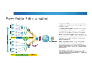 © 2012 Cisco and/or its affiliates. All rights reserved. Cisco Connect 39
Proxy Mobile IPv6 in a nutshell
§  Proxy Mobile IPv6 Domain: A network where the mobility
management of a mobile node is handled using the Proxy
Mobile IPv6 protocol.
§  Local Mobility Anchor (LMA): LMA is the home agent for
the mobile node in a PMIPv6 domain. It is the topological
anchor point for the mobile node's home network prefix and
is the entity that manages the mobile node's binding state.
§  Mobile Access Gateway (MAG): MAG is a function on an
access router that manages the mobility-related signaling for
a mobile node that is attached to its access link. It is
responsible for tracking the mobile node's movements to
and from the access link
§  Mobile Node (MN): An IP host or router whose mobility is
managed by the network. The MN may be an IPv4-only
node, IPv6-only node, or a dual-stack node and is not
required to participate in any IP mobility related signaling for
achieving mobility for an IP address that is obtained in that
PMIPv6 domain.
§  Correspondent Node (CN): The device that the mobile
node (MN) is communicating with such as a web server. A
correspondent node may be either mobile (e.g. another MN)
or stationary (e.g. server).
 