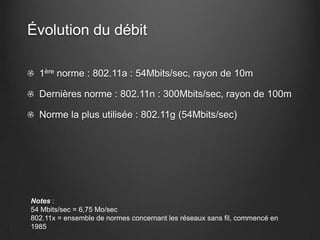 Évolution du débit

  1ère norme : 802.11a : 54Mbits/sec, rayon de 10m

  Dernières norme : 802.11n : 300Mbits/sec, rayon de 100m

  Norme la plus utilisée : 802.11g (54Mbits/sec)




Notes :
54 Mbits/sec = 6,75 Mo/sec
802.11x = ensemble de normes concernant les réseaux sans fil, commencé en
1985
 