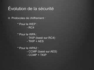 Évolution de la sécurité

 Protocoles de chiffrement :

     * Pour le WEP :
             - RC4

     * Pour le WPA :
             - TKIP (basé sur RC4)
             - TKIP + AES

     * Pour le WPA2 :
             - CCMP (basé sur AES)
             - CCMP + TKIP
 
