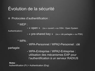 Évolution de la sécurité

   Protocoles d’authentification :

          * WEP :
                - « open »           (ou « ouvert » ou OSA : Open System
Authentication)
                    - « pre-shared key »         (ou « clé partagée » ou PSK)


       * WPA :
              - WPA-Personnel / WPA2-Personnel : clé
partagée
              - WPA-Entreprise / WPA2-Entreprise :
                utilisation des mécanismes EAP pour
                l’authentification à un serveur RADIUS
 Notes :
 Authentification (Fr) = Authentication (Eng)
 