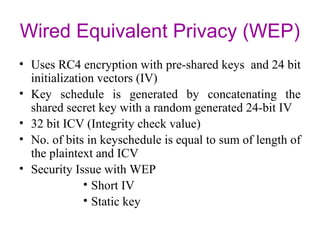 Wired Equivalent Privacy (WEP)
• Uses RC4 encryption with pre-shared keys and 24 bit
initialization vectors (IV)
• Key schedule is generated by concatenating the
shared secret key with a random generated 24-bit IV
• 32 bit ICV (Integrity check value)
• No. of bits in keyschedule is equal to sum of length of
the plaintext and ICV
• Security Issue with WEP
• Short IV
• Static key
 