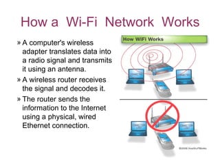 How a Wi-Fi Network Works
» A computer's wireless
adapter translates data into
a radio signal and transmits
it using an antenna.
» A wireless router receives
the signal and decodes it.
» The router sends the
information to the Internet
using a physical, wired
Ethernet connection.
 