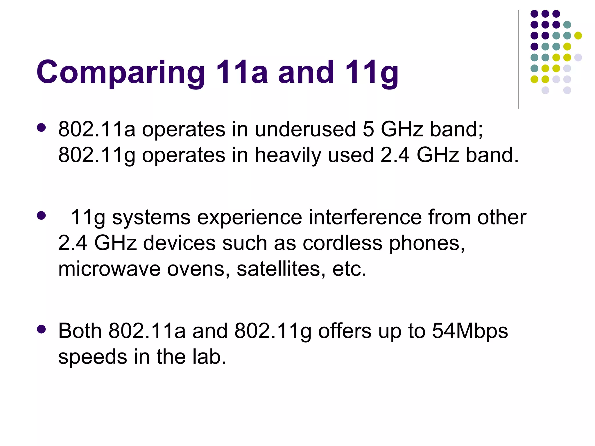 Comparing 11a and 11g 802.11a operates in underused 5 GHz band; 802.11g operates in heavily used 2.4 GHz band.  11g systems experience interference from other 2.4 GHz devices such as cordless phones, microwave ovens, satellites, etc. Both 802.11a and 802.11g offers up to 54Mbps speeds in the lab.  