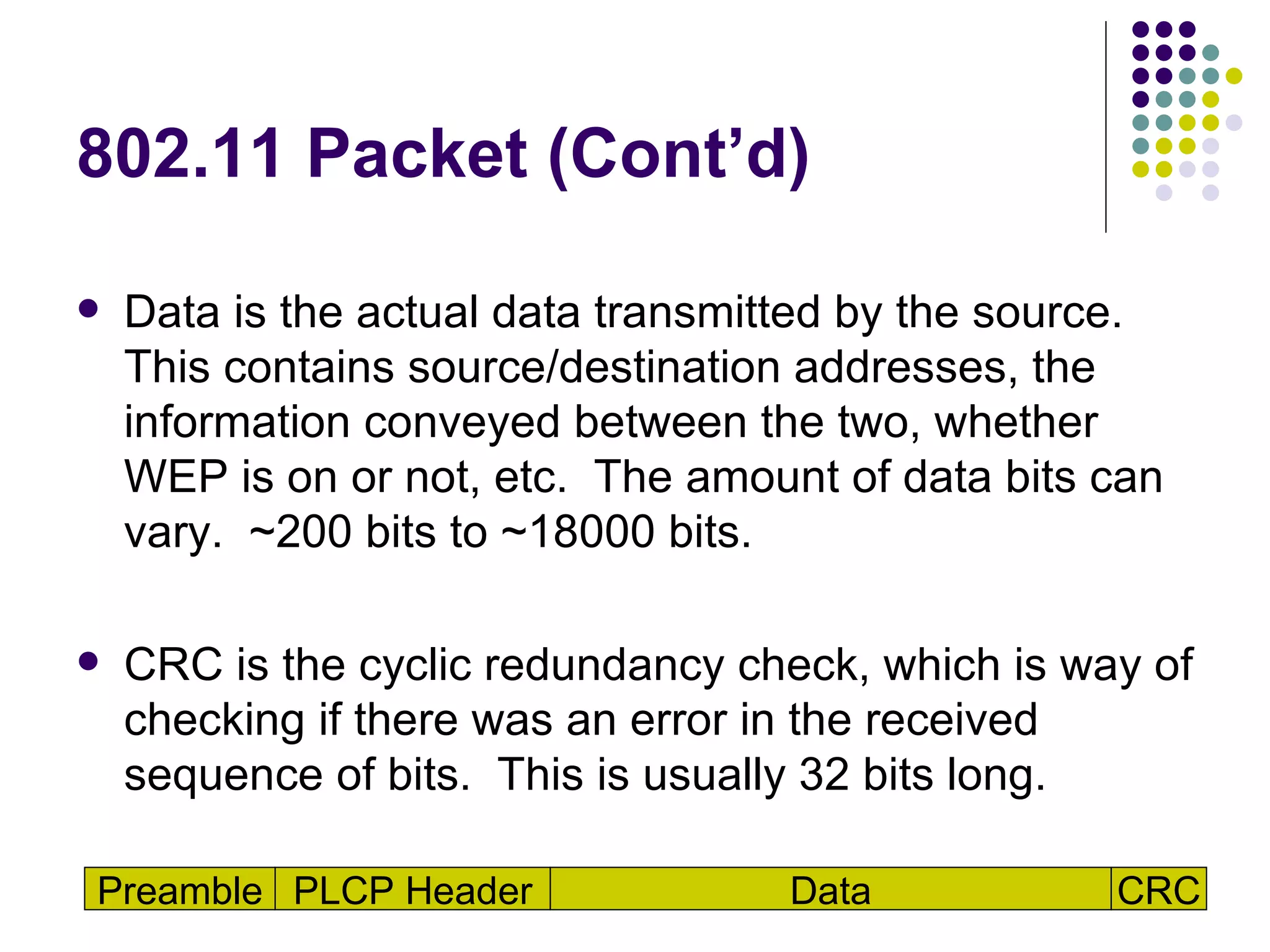 802.11 Packet (Cont’d) Data is the actual data transmitted by the source.  This contains source/destination addresses, the information conveyed between the two, whether WEP is on or not, etc.  The amount of data bits can vary.  ~200 bits to ~18000 bits. CRC is the cyclic redundancy check, which is way of checking if there was an error in the received sequence of bits.  This is usually 32 bits long. Preamble PLCP Header Data CRC 