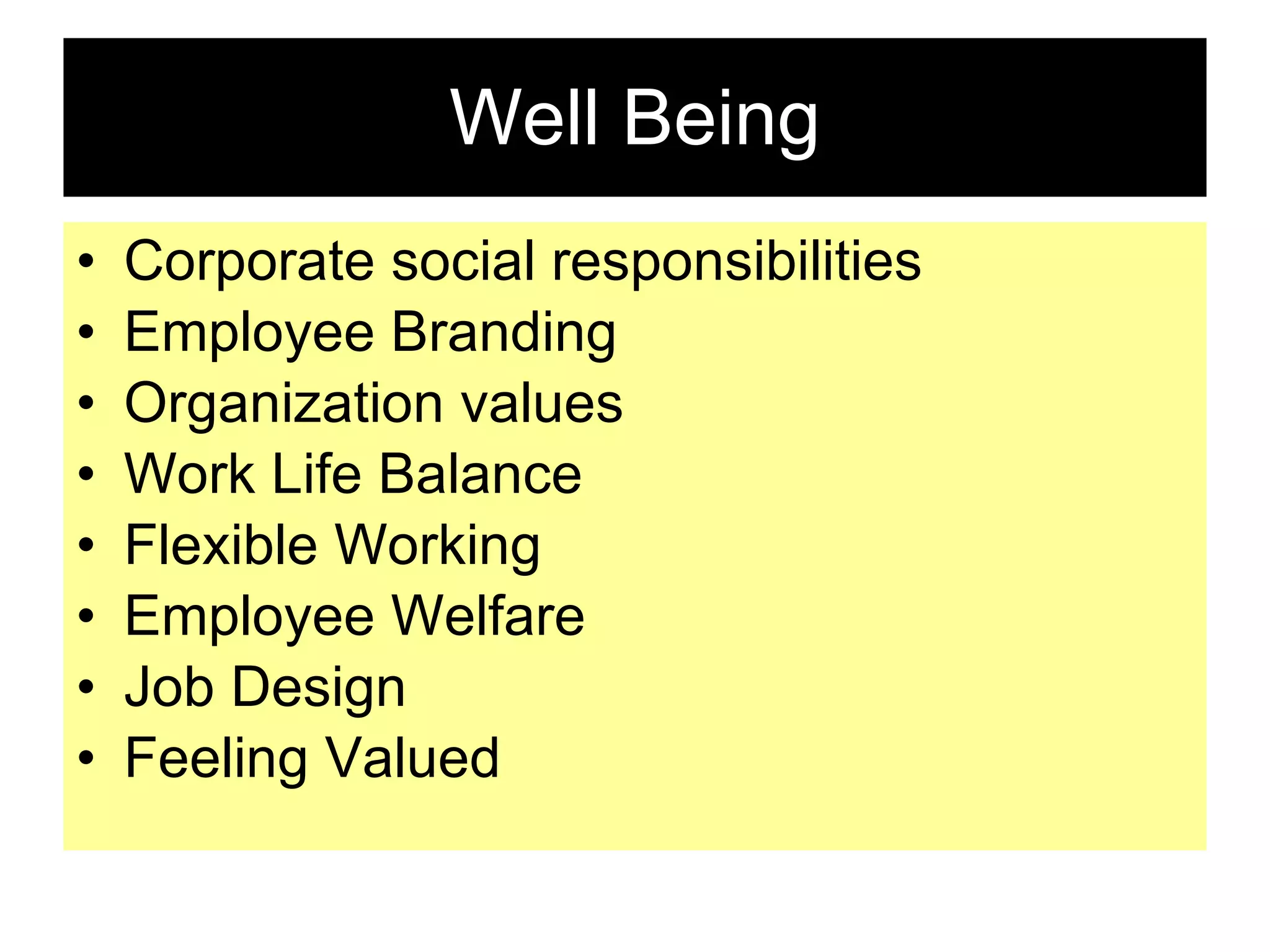 Well Being Corporate social responsibilities Employee Branding  Organization values Work Life Balance Flexible Working Employee Welfare Job Design Feeling Valued 