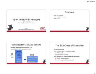11/20/2019
15-441/641: WiFi Networks
15-441 Fall 2019
Profs Peter Steenkiste & Justine Sherry
Fall 2019
https://computer-networks.github.io/fa19/
2
Overview
• Basic WiFi concepts
• Some deployment issues
• WiFi versions
Standardization Local Area Networks
• Wireless networks are standardized by IEEE
• Under 802 LAN MAN standards committee
Application
Presentation
Session
Transport
Network
Data Link
Physical
ISO
OSI
7-layer
model Logical Link Control
Medium Access (MAC)
Physical (PHY)
IEEE 802
standards
The 802 Class of Standards
• List on next two slides
• Some standards apply to all 802 technologies
• E.g. 802.2 is LLC
• Important for inter operability
• Some standards are for technologies that are outdated
• Not actively deployed anymore
• Many of the early standards are obsolete
 