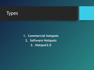 Types
1. Commercial hotspots
2. Software Hotspots
3. Hotspot2.0
 