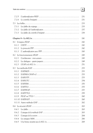 Table des matières

XI

7.2.5

L’authentiﬁcation WEP . . . . . . . . . . . . . . . . . . . . . . . . . . . . . . . . . . . . . . . . . . . . . . .

231

7.2.6

Le contrôle d’intégrité . . . . . . . . . . . . . . . . . . . . . . . . . . . . . . . . . . . . . . . . . . . . . . . . .

231

7.3 Les failles . . . . . . . . . . . . . . . . . . . . . . . . . . . . . . . . . . . . . . . . . . . . . . . . . . . . . . . . . . . . . . .

233

7.3.1

Les failles du cryptage . . . . . . . . . . . . . . . . . . . . . . . . . . . . . . . . . . . . . . . . . . . . . . . . .

233

7.3.2

Les failles de l’authentiﬁcation . . . . . . . . . . . . . . . . . . . . . . . . . . . . . . . . . . . . . . . . . .

237

7.3.3

Les failles du contrôle d’intégrité . . . . . . . . . . . . . . . . . . . . . . . . . . . . . . . . . . . . . . . .

238

Chapitre 8 – Le 802.1x . . . . . . . . . . . . . . . . . . . . . . . . . . . . . . . . . . . . . . . . . . . . . . . . . . . . . .

241

8.1 L’origine d’EAP . . . . . . . . . . . . . . . . . . . . . . . . . . . . . . . . . . . . . . . . . . . . . . . . . . . . . . . . .

242

8.1.1

L’IETF . . . . . . . . . . . . . . . . . . . . . . . . . . . . . . . . . . . . . . . . . . . . . . . . . . . . . . . . . . . . .

242

8.1.2

Le protocole PPP . . . . . . . . . . . . . . . . . . . . . . . . . . . . . . . . . . . . . . . . . . . . . . . . . . . .

242

8.1.3

L’ authentiﬁcation avec PPP . . . . . . . . . . . . . . . . . . . . . . . . . . . . . . . . . . . . . . . . . . .

243

8.2 Le fonctionnement d’EAP . . . . . . . . . . . . . . . . . . . . . . . . . . . . . . . . . . . . . . . . . . . . . . .

245

8.2.1

L’architecture : trois acteurs . . . . . . . . . . . . . . . . . . . . . . . . . . . . . . . . . . . . . . . . . . .

245

8.2.2

Les dialogues : quatre paquets . . . . . . . . . . . . . . . . . . . . . . . . . . . . . . . . . . . . . . . . . .

249

8.2.3

L’EAP et le 802.1x . . . . . . . . . . . . . . . . . . . . . . . . . . . . . . . . . . . . . . . . . . . . . . . . . .

251

8.3 Les méthodes EAP . . . . . . . . . . . . . . . . . . . . . . . . . . . . . . . . . . . . . . . . . . . . . . . . . . . . . .

253

8.3.1

EAP/MD5. . . . . . . . . . . . . . . . . . . . . . . . . . . . . . . . . . . . . . . . . . . . . . . . . . . . . . . . . .

253

8.3.2

EAP/MS-CHAP-v2 . . . . . . . . . . . . . . . . . . . . . . . . . . . . . . . . . . . . . . . . . . . . . . . . .

253

8.3.3

EAP/OTP . . . . . . . . . . . . . . . . . . . . . . . . . . . . . . . . . . . . . . . . . . . . . . . . . . . . . . . . . .

253

8.3.4

EAP/GTC . . . . . . . . . . . . . . . . . . . . . . . . . . . . . . . . . . . . . . . . . . . . . . . . . . . . . . . . .

254

8.3.5

EAP/SIM . . . . . . . . . . . . . . . . . . . . . . . . . . . . . . . . . . . . . . . . . . . . . . . . . . . . . . . . . .

255

8.3.6

EAP/TLS . . . . . . . . . . . . . . . . . . . . . . . . . . . . . . . . . . . . . . . . . . . . . . . . . . . . . . . . . .

255

8.3.7

EAP/PEAP . . . . . . . . . . . . . . . . . . . . . . . . . . . . . . . . . . . . . . . . . . . . . . . . . . . . . . . . .

257

8.3.8

EAP/TTLS . . . . . . . . . . . . . . . . . . . . . . . . . . . . . . . . . . . . . . . . . . . . . . . . . . . . . . . . .

259

8.3.9

PEAP ou TTLS ? . . . . . . . . . . . . . . . . . . . . . . . . . . . . . . . . . . . . . . . . . . . . . . . . . . .

260

8.3.10 EAP/FAST . . . . . . . . . . . . . . . . . . . . . . . . . . . . . . . . . . . . . . . . . . . . . . . . . . . . . . . . .

260

8.3.11 Autres méthodes EAP . . . . . . . . . . . . . . . . . . . . . . . . . . . . . . . . . . . . . . . . . . . . . . . .

262

8.4 La sécurité d’EAP . . . . . . . . . . . . . . . . . . . . . . . . . . . . . . . . . . . . . . . . . . . . . . . . . . . . . . .

263

8.4.1

Les failles . . . . . . . . . . . . . . . . . . . . . . . . . . . . . . . . . . . . . . . . . . . . . . . . . . . . . . . . . . .

263

8.4.2

L’attaque de la méthode EAP . . . . . . . . . . . . . . . . . . . . . . . . . . . . . . . . . . . . . . . . . .

263

8.4.3

L’attaque de la session . . . . . . . . . . . . . . . . . . . . . . . . . . . . . . . . . . . . . . . . . . . . . . . .

264

8.4.4

Les attaques MiM . . . . . . . . . . . . . . . . . . . . . . . . . . . . . . . . . . . . . . . . . . . . . . . . . . . .

266

8.4.5

Une bonne sécurité avec le 802.1x. . . . . . . . . . . . . . . . . . . . . . . . . . . . . . . . . . . . . .

269

 