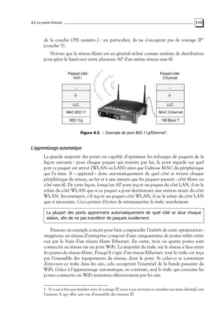 4.2 Le point d’accès

115

de la couche OSI numéro 2 : en particulier, ils ne s’occupent pas de routage IP1
(couche 3).
Notons que le réseau ﬁlaire est en général utilisé comme système de distribution
pour gérer le hand-over entre plusieurs AP d’un même réseau sans ﬁl.

Figure 4.5 — Exemple de pont 802.11g/Ethernet2 .

L’apprentissage automatique
La grande majorité des ponts est capable d’optimiser les échanges de paquets de la
façon suivante : pour chaque paquet qui transite par lui, le pont regarde sur quel
port ce paquet est arrivé (WLAN ou LAN) ainsi que l’adresse MAC du périphérique
qui l’a émis. Il « apprend » donc automatiquement de quel côté se trouve chaque
périphérique du réseau, au fur et à une mesure que les paquets passent : côté ﬁlaire ou
côté sans ﬁl. De cette façon, lorsqu’un AP pont reçoit un paquet du côté LAN, il ne le
relaie du côté WLAN que si ce paquet a pour destinataire une station située du côté
WLAN. Inversement, s’il reçoit un paquet côté WLAN, il ne le relaie du côté LAN
que si nécessaire. Ceci permet d’éviter de retransmettre le traﬁc inutilement.
La plupart des ponts apprennent automatiquement de quel côté se situe chaque
station, afin de ne pas transférer de paquets inutilement.

Prenons un exemple concret pour bien comprendre l’intérêt de cette optimisation :
imaginons un réseau d’entreprise composé d’une cinquantaine de postes reliés entre
eux par le biais d’un réseau ﬁlaire Ethernet. En outre, trois ou quatre postes sont
connectés au réseau via un pont WiFi. La majorité du traﬁc sur le réseau a lieu entre
les postes du réseau ﬁlaire. Puisqu’il s’agit d’un réseau Ethernet, tout le traﬁc est reçu
par l’ensemble des équipements du réseau, dont le pont. Si celui-ci se contentait
d’envoyer ce traﬁc dans les airs, cela occuperait l’essentiel de la bande passante du
WiFi. Grâce à l’apprentissage automatique, au contraire, seul le traﬁc qui concerne les
postes connectés en WiFi transitera effectivement par les airs.
1. Si vous n’êtes pas familier avec le routage IP, nous vous invitons à consulter sur www.livrewiﬁ.com
l’annexe A qui offre une vue d’ensemble des réseaux IP.

 