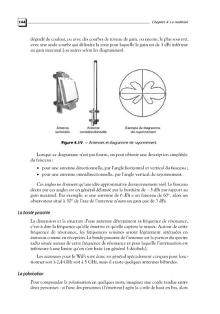 Chapitre 4. Le matériel

144

dégradé de couleur, ou avec des courbes de niveau de gain, ou encore, le plus souvent,
avec une seule courbe qui délimite la zone pour laquelle le gain est de 3 dBi inférieur
au gain maximal (ou autres selon les diagrammes).

Figure 4.19 — Antennes et diagramme de rayonnement.

Lorsque ce diagramme n’est pas fourni, on peut obtenir une description simpliﬁée
du faisceau :
• pour une antenne directionnelle, par l’angle horizontal et vertical du faisceau ;
• pour une antenne omnidirectionnelle, par l’angle vertical du rayonnement.

Ces angles ne donnent qu’une idée approximative du rayonnement réel. Le faisceau
décrit par ces angles est en général délimité par la frontière de −3 dBi par rapport au
gain maximal. Par exemple, si une antenne de 6 dBi a un faisceau de 60◦ , alors un
observateur situé à 30◦ de l’axe de l’antenne n’aura un gain que de 3 dBi.

La bande passante
La dimension et la structure d’une antenne déterminent sa fréquence de résonance,
c’est-à-dire la fréquence qu’elle émettra et qu’elle captera le mieux. Autour de cette
fréquence de résonance, les fréquences voisines seront légèrement atténuées en
émission comme en réception. La bande passante de l’antenne est la portion du spectre
radio située autour de cette fréquence de résonance et pour laquelle l’atténuation est
inférieure à une limite qu’on s’est ﬁxée (en général 3 décibels).
Les antennes pour le WiFi sont donc en général spécialement conçues pour fonctionner soit à 2,4 GHz soit à 5 GHz, mais il existe quelques antennes bibandes.

La polarisation
Pour comprendre la polarisation en quelques mots, imaginez une corde tendue entre
deux personnes : si l’une des personnes (l’émetteur) agite la corde de haut en bas, alors

 