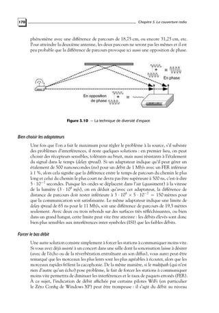 Chapitre 5. La couverture radio

170

phénomène avec une différence de parcours de 18,75 cm, ou encore 31,25 cm, etc.
Pour atteindre la deuxième antenne, les deux parcours ne seront pas les mêmes et il est
peu probable que la différence de parcours provoque ici aussi une opposition de phase.

Figure 5.10 — La technique de diversité d’espace.

Bien choisir les adaptateurs
Une fois que l’on a fait le maximum pour régler le problème à la source, s’il subsiste
des problèmes d’interférences, il reste quelques solutions : en premier lieu, on peut
choisir des récepteurs sensibles, tolérants au bruit, mais aussi résistants à l’étalement
du signal dans le temps (delay spread). Si un adaptateur indique qu’il peut gérer un
étalement de 500 nanosecondes (ns) pour un débit de 1 Mb/s avec un FER inférieur
à 1 %, alors cela signiﬁe que la différence entre le temps de parcours du chemin le plus
long et celui du chemin le plus court ne devra pas être supérieure à 500 ns, c’est-à-dire
5 · 10−7 secondes. Puisque les ondes se déplacent dans l’air (quasiment) à la vitesse
de la lumière (3 · 108 m/s), on en déduit qu’avec cet adaptateur, la différence de
distance de parcours doit rester inférieure à 3 · 108 × 5 · 10−7 = 150 mètres pour
que la communication soit satisfaisante. Le même adaptateur indique une limite de
delay spread de 65 ns pour le 11 Mb/s, soit une différence de parcours de 19,5 mètres
seulement. Avec deux ou trois rebonds sur des surfaces très réﬂéchissantes, ou bien
dans un grand hangar, cette limite peut vite être atteinte : les débits élevés sont donc
bien plus sensibles aux interférences inter symboles (ISI) que les faibles débits.

Forcer le bas débit
Une autre solution consiste simplement à forcer les stations à communiquer moins vite.
Si vous avez déjà assisté à un concert dans une salle dont la sonorisation laisse à désirer
(avec de l’écho ou de la réverbération entraînant un son diffus), vous aurez peut-être
remarqué que les morceaux les plus lents sont les plus agréables à écouter, alors que les
morceaux rapides frôlent la cacophonie. De la même manière, si le multipath (qui n’est
rien d’autre qu’un écho) pose problème, le fait de forcer les stations à communiquer
moins vite permettra de diminuer les interférences et le taux de paquets erronés (FER).
À ce sujet, l’indication de débit afﬁchée par certains pilotes WiFi (en particulier
le Zéro Conﬁg de Windows XP) peut être trompeuse : il s’agit du débit au niveau

 