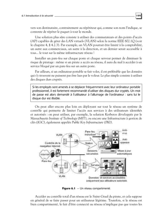6.1 Introduction à la sécurité

199

vers son destinataire, contrairement au répétiteur qui, comme son nom l’indique, se
contente de répéter le paquet à tout le monde.
Une solution plus sûre consiste à utiliser des commutateurs et des points d’accès
(AP) capables de gérer des LAN virtuels (VLAN) selon la norme IEEE 802.1Q (voir
le chapitre 4, § 4.2.3). Par exemple, un VLAN pourrait être limité à la comptabilité,
un autre aux commerciaux, un autre à la direction, et un dernier serait accessible à
tous... le tout sur la même infrastructure réseau !
Installer un pare-feu sur chaque poste et chaque serveur permet de diminuer le
risque de piratage : même si un pirate a accès au réseau, il aura du mal à accéder à un
service bloqué par un pare-feu sur un autre poste.
Par ailleurs, si un ordinateur portable se fait voler, il est préférable que les données
qui s’y trouvent ne puissent pas être lues par le voleur. Le plus simple consiste à utiliser
des disques durs cryptés.
Si les employés sont amenés à se déplacer fréquemment avec leur ordinateur portable
professionnel, il est fortement recommandé d’utiliser des disques dur cryptés. Un mot
de passe est alors demandé à l’utilisateur à l’allumage de l’ordinateur : sans lui le
disque dur est illisible.

On peut aller encore plus loin en déployant sur tout le réseau un système de
contrôle qui permette de limiter l’accès aux services à des utilisateurs identiﬁés
et autorisés : on peut utiliser, par exemple, la solution Kerberos développée par le
Massachusetts Institute of Technology (MIT), ou encore une Infrastructure à gestion de
clés (IGC), également appelée Public Key Infrastructure (PKI).

Figure 6.1 — Un réseau compartimenté.

Accéder au contrôle total d’un réseau est le Saint-Graal du pirate, et cela suppose
en général de se faire passer pour un utilisateur légitime. Toutefois, si le réseau est
bien compartimenté, le fait d’être connecté au réseau n’implique pas que toutes les

 