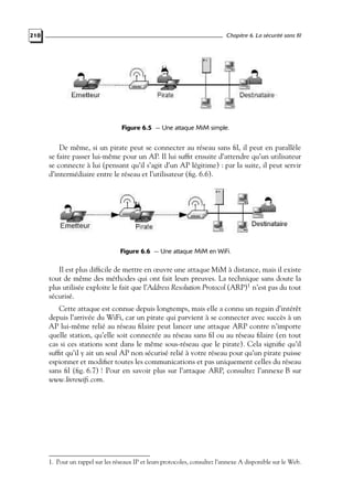 210

Chapitre 6. La sécurité sans fil

Figure 6.5 — Une attaque MiM simple.

De même, si un pirate peut se connecter au réseau sans ﬁl, il peut en parallèle
se faire passer lui-même pour un AP. Il lui sufﬁt ensuite d’attendre qu’un utilisateur
se connecte à lui (pensant qu’il s’agit d’un AP légitime) : par la suite, il peut servir
d’intermédiaire entre le réseau et l’utilisateur (ﬁg. 6.6).

Figure 6.6 — Une attaque MiM en WiFi.

Il est plus difﬁcile de mettre en œuvre une attaque MiM à distance, mais il existe
tout de même des méthodes qui ont fait leurs preuves. La technique sans doute la
plus utilisée exploite le fait que l’Address Resolution Protocol (ARP)1 n’est pas du tout
sécurisé.
Cette attaque est connue depuis longtemps, mais elle a connu un regain d’intérêt
depuis l’arrivée du WiFi, car un pirate qui parvient à se connecter avec succès à un
AP lui-même relié au réseau ﬁlaire peut lancer une attaque ARP contre n’importe
quelle station, qu’elle soit connectée au réseau sans ﬁl ou au réseau ﬁlaire (en tout
cas si ces stations sont dans le même sous-réseau que le pirate). Cela signiﬁe qu’il
sufﬁt qu’il y ait un seul AP non sécurisé relié à votre réseau pour qu’un pirate puisse
espionner et modiﬁer toutes les communications et pas uniquement celles du réseau
sans ﬁl (ﬁg. 6.7) ! Pour en savoir plus sur l’attaque ARP, consultez l’annexe B sur
www.livrewiﬁ.com.

1. Pour un rappel sur les réseaux IP et leurs protocoles, consultez l’annexe A disponible sur le Web.

 