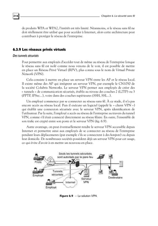 Chapitre 6. La sécurité sans fil

216

de produits WPA et WPA2, l’intérêt est très limité. Néanmoins, si le réseau sans ﬁl ne
doit réellement être utilisé que pour accéder à Internet, alors cette architecture peut
contribuer à protéger le réseau de l’entreprise.

6.3.9 Les réseaux privés virtuels
Des tunnels sécurisés
Pour permettre aux employés d’accéder tout de même au réseau de l’entreprise lorsque
le réseau sans ﬁl est isolé comme nous venons de le voir, il est possible de mettre
en place un Réseau Privé Virtuel (RPV), plus connu sous le nom de Virtual Private
Network (VPN).
Cela consiste à mettre en place un serveur VPN entre les AP et le réseau local.
Il existe même des AP qui intègrent un serveur VPN, par exemple le CN1050 de
la société Colubris Networks. Le serveur VPN permet aux employés de créer des
« tunnels » de communication sécurisés, établis au niveau des couches 2 (L2TP) ou 3
(PPTP, IPSec...), voire dans des couches supérieures (SSH, SSL...).
Un employé commence par se connecter au réseau sans ﬁl. À ce stade, il n’a pas
encore accès au réseau local. Puis il exécute un logiciel (appelé le « client VPN »)
qui établit une connexion sécurisée avec le serveur VPN, après identiﬁcation de
l’utilisateur. Par la suite, l’employé a accès au réseau de l’entreprise au travers du tunnel
VPN, comme s’il était connecté directement au réseau ﬁlaire. En outre, l’ensemble de
son traﬁc est crypté entre son poste et le serveur VPN (ﬁg. 6.9).
Autre avantage, on peut éventuellement rendre le serveur VPN accessible depuis
Internet et permettre ainsi aux employés de se connecter au réseau de l’entreprise
pendant leurs déplacements (par exemple s’ils se connectent à des hotspots) ou depuis
leur domicile. De nombreuses sociétés possèdent déjà un serveur VPN pour cet usage,
ce qui évite d’avoir à en mettre un nouveau en place.

Figure 6.9 — La solution VPN.

 