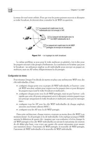Chapitre 7. Le WEP

226

(connue de tous) serait utilisée. Pour que tous les postes puissent recevoir et décrypter
ce traﬁc broadcast, ils doivent donc connaître la clé WEP en question.

Figure 7.4 — Le cryptage du trafic broadcast.

Le même problème se pose pour le traﬁc multicast en général, c’est-à-dire pour
les paquets envoyés à des groupes d’utilisateurs. La conclusion est la même que pour
le broadcast : un utilisateur emploie sa clé individuelle pour envoyer un paquet en
multicast, mais un AP utilise obligatoirement la clé partagée.

Configuration du réseau
Pour résumer, lorsque l’on décide de mettre en place une architecture WEP avec des
clés individuelles, il faut :
• conﬁgurer chaque poste avec sa propre clé WEP individuelle, et l’activer : cette

clé WEP sera donc utilisée pour crypter tous les paquets émis et pour décrypter
les paquets reçus (sauf le traﬁc broadcast et multicast) ;
• conﬁgurer chaque poste avec la clé WEP partagée, mais ne pas l’activer : cela
signiﬁe que cette clé pourra uniquement servir à décrypter certains paquets reçus
(en principe uniquement le traﬁc broadcast et multicast), mais pas les messages
émis ;
• conﬁgurer tous les AP avec les clés WEP individuelles de chaque employé,
associées aux bonnes adresses MAC ;
• conﬁgurer tous les AP avec la clé WEP partagée.
Dans cette architecture, chaque station a toujours au moins deux clés WEP à un
moment donné : la clé partagée et la clé individuelle. Cela explique pourquoi l’IEEE
autorise la déﬁnition de quatre clés : imaginez que vous souhaitiez à la fois changer la
clé WEP partagée et les clés WEP individuelles en suivant le mécanisme de rotation
de clé déﬁni plus haut, vous voyez que quatre clés seront nécessaires pour assurer
une transition douce : l’ancienne clé WEP partagée, la nouvelle clé WEP partagée,
l’ancienne clé WEP individuelle et la nouvelle clé WEP individuelle.

 